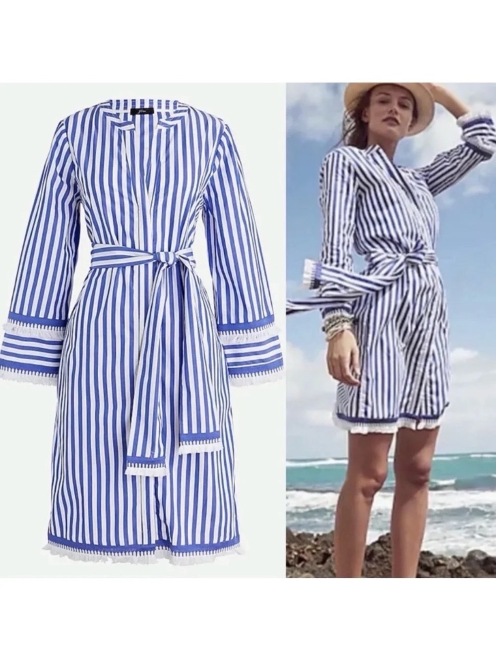 J.Crew Belted cotton poplin tunic in stripe Coastal Blue White 0